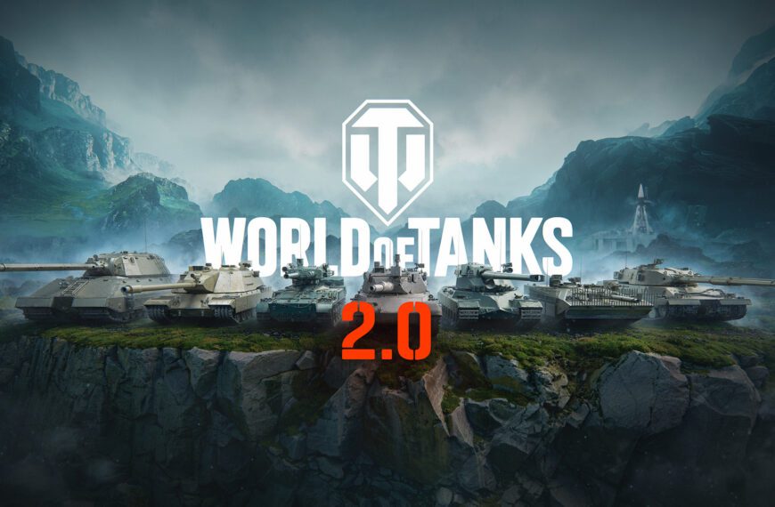World of Tanks 2.0: Tanks lined up on a cliff with mountains in the background.