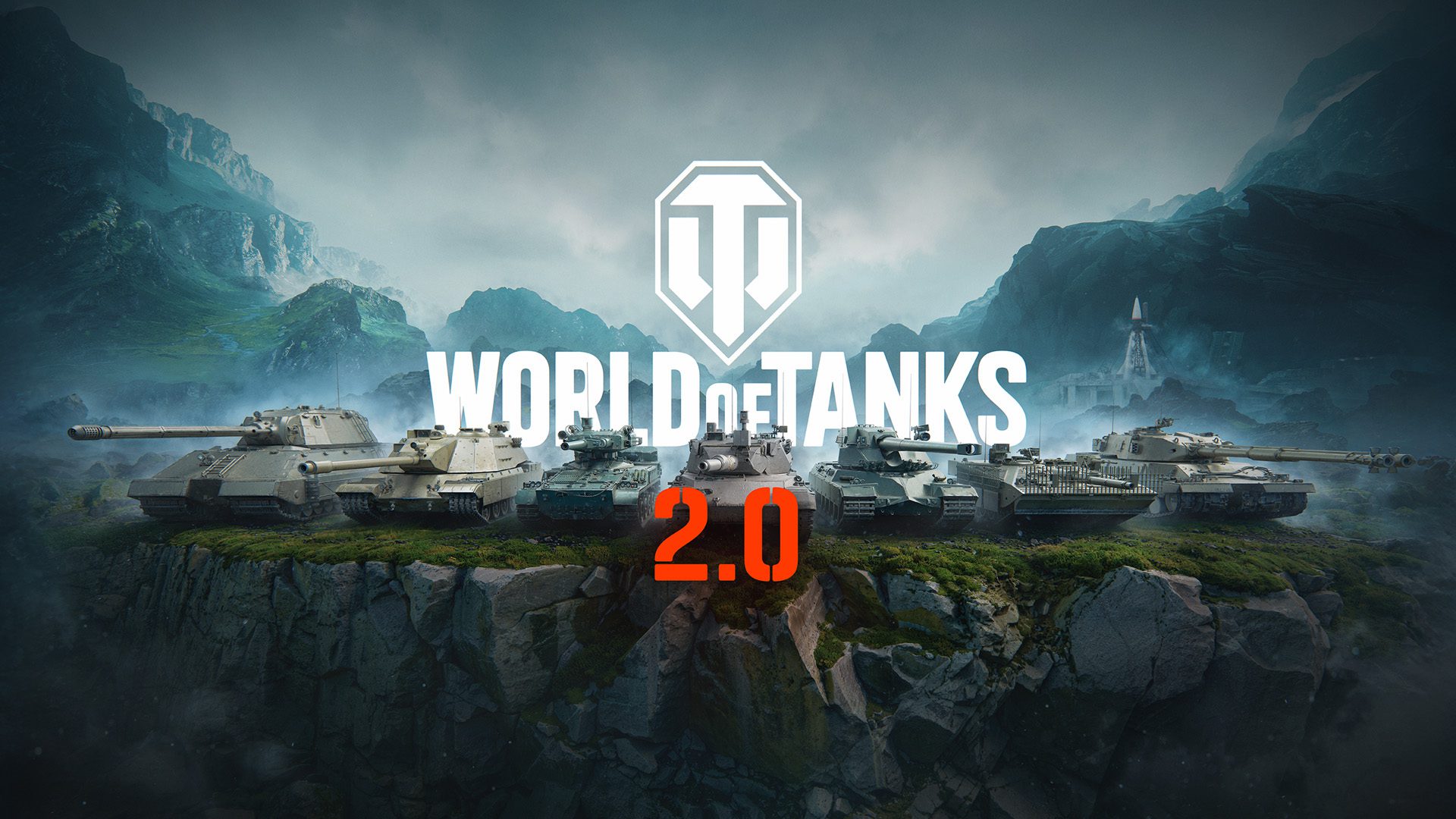 World of Tanks 2.0: Tanks lined up on a cliff with mountains in the background.