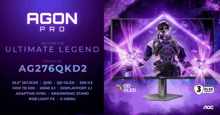 AGON PRO AG276QKD2 QD-OLED gaming monitor. 26.5 QHD, 500 Hz refresh rate, HDR, HDMI 2.1, DisplayPort 2.1, Adaptive-Sync.