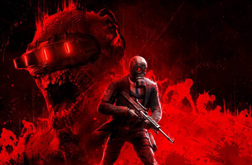 Killing Floor 3 review: Soldier with gas mask faces monstrous Zed in red-toned horror game art.