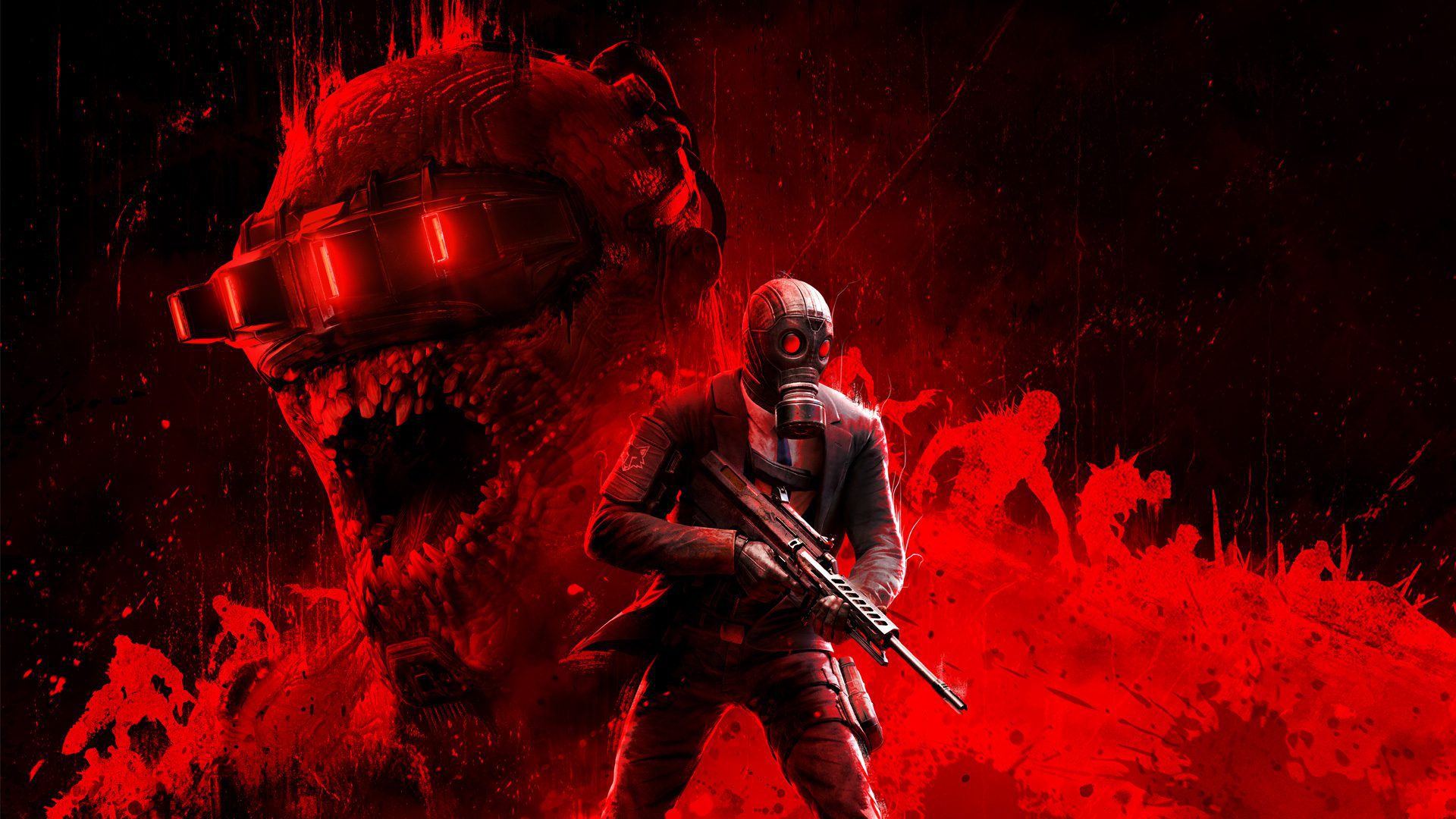 Killing Floor 3 review: Soldier with gas mask faces monstrous Zed in red-toned horror game art.