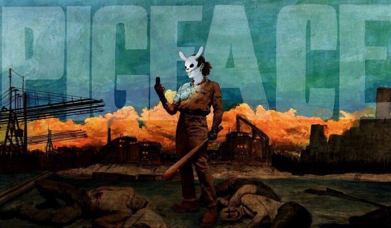 Pigface game review image. Character with rabbit mask, baseball bat, and phone stands over bodies. Industrial background.