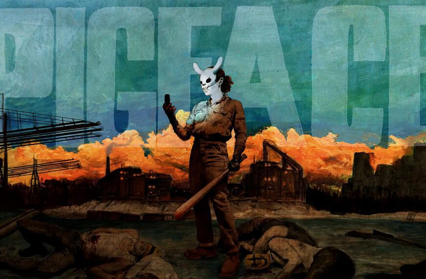 Pigface game review image. Character with rabbit mask, baseball bat, and phone stands over bodies. Industrial background.