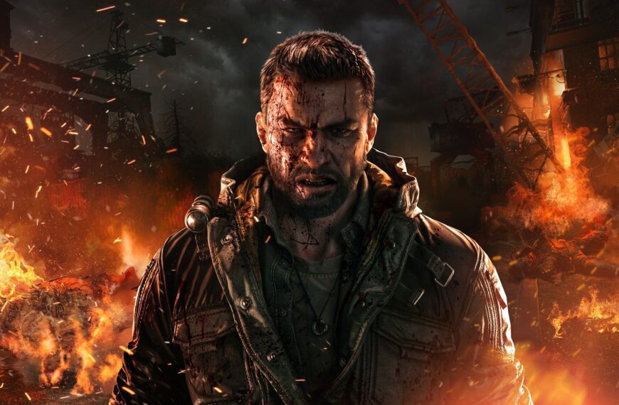 Dying Light: The Beast. Man with blood on his face, in front of burning buildings. Action game.