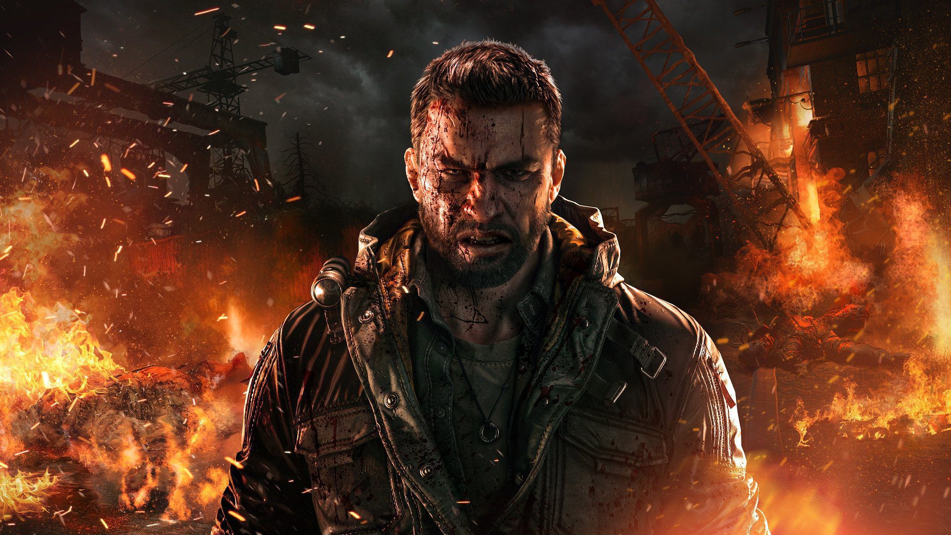 Dying Light: The Beast. Man with blood on his face, in front of burning buildings. Action game.