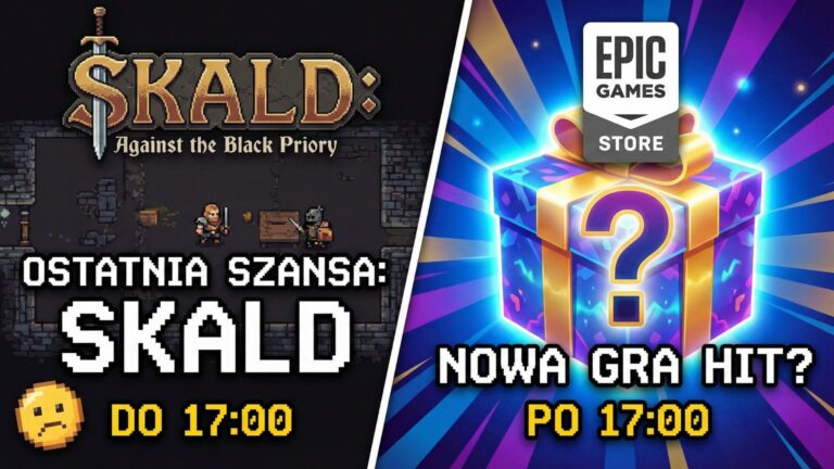 Porównanie ofert Epic Games Store: Po lewej znikająca gra Skald Against the Black Priory, po prawej tajemnicze pudełko prezentowe zapowiadające nową darmową grę po godzinie 17:00.