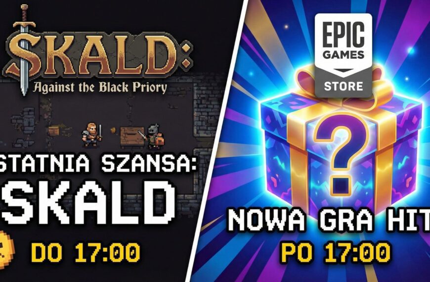 Porównanie ofert Epic Games Store: Po lewej znikająca gra Skald Against the Black Priory, po prawej tajemnicze pudełko prezentowe zapowiadające nową darmową grę po godzinie 17:00.